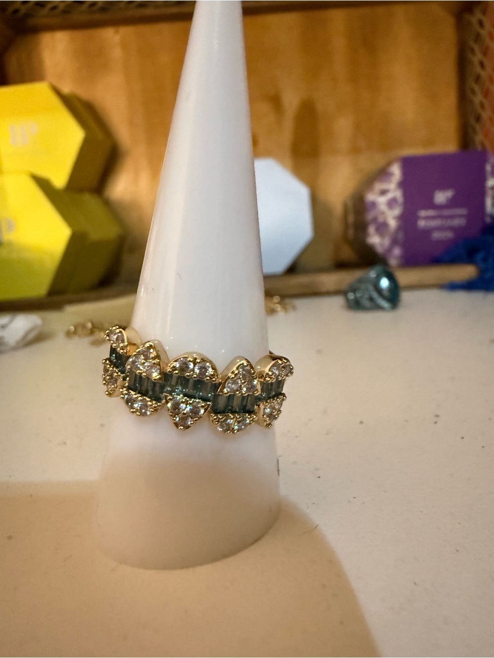 Gold-Tone Teal Crystal Cluster Ring for Women